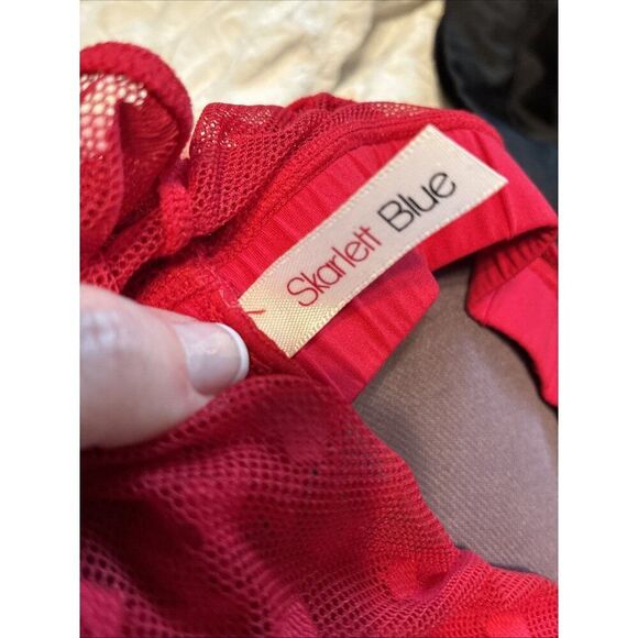 Scarlett Blue Solid Red Lace Heart Print Sheer Bra Bralette Medium - Picture 4 of 4